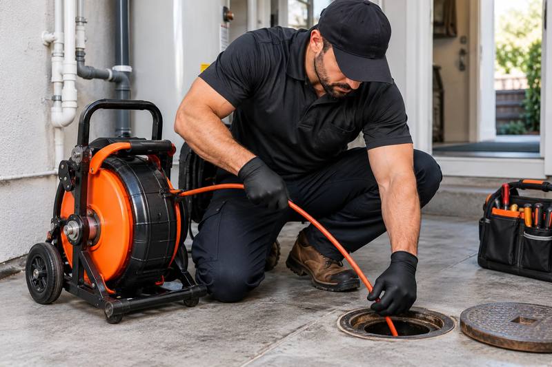 Drain technician using a powered drain machine at an outdoor sewer cleanout