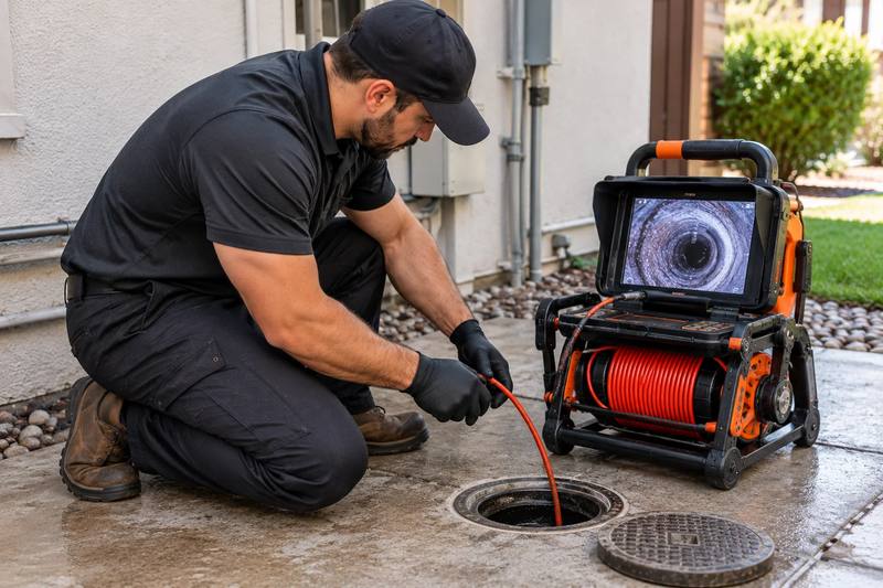 Technician running a sewer inspection camera with a monitor showing the inside of a pipe