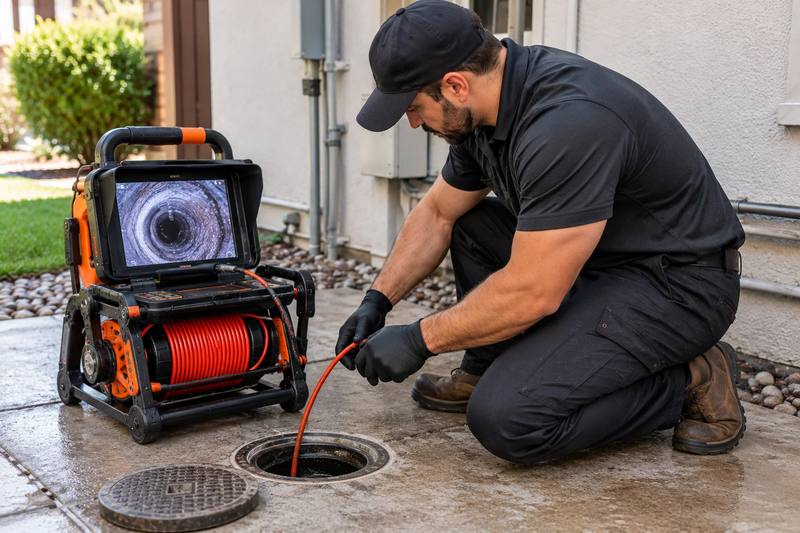 Technician performing a drain camera inspection at a commercial property access point
