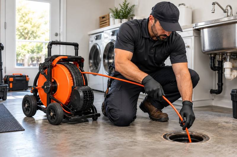 Drain technician clearing a floor drain with a professional drain cleaning machine