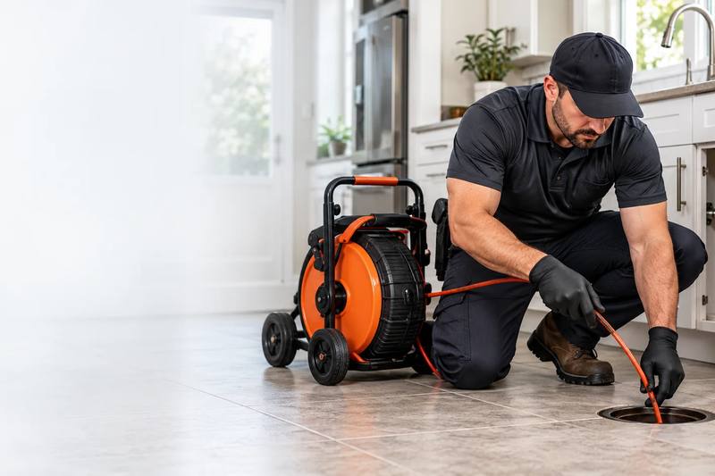 Drain technician clearing a clogged drain in a Whittier home with a drain machine