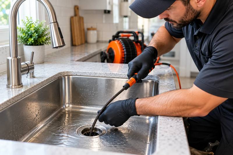 Technician feeding a drain cable into a stainless steel kitchen sink drain
