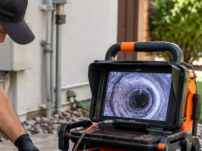 Sewer camera monitor showing pipe interior