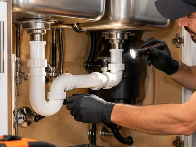 Under-sink drain trap being inspected