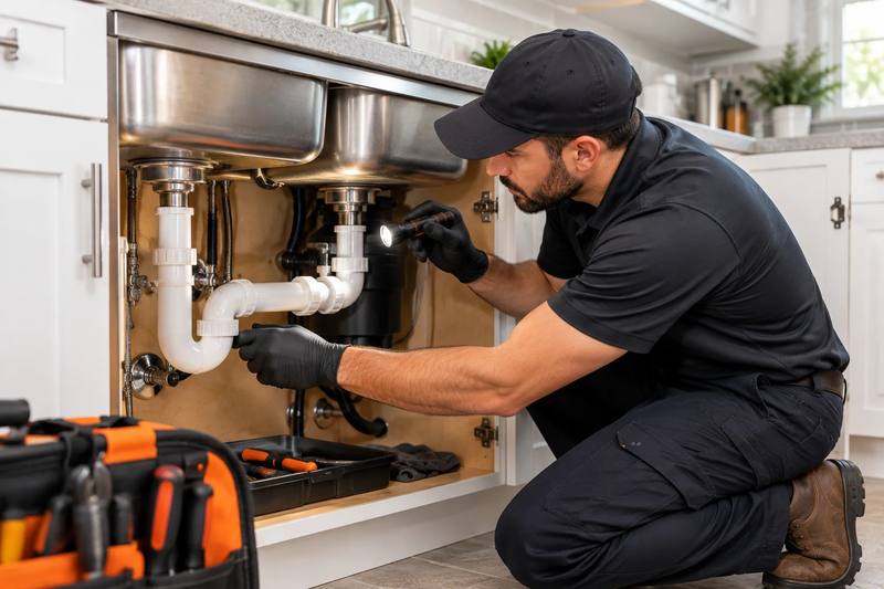 Technician inspecting the drain trap under a kitchen sink